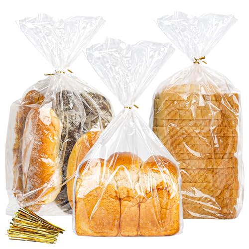 BTSD-home 100 Stück Brottüten mit boden Brotbeutel Geschenktüten Durchsichtig mit 100 goldene Twist Kunststoff Butterbrottüten für Brot Dount Geburtstagsparty Hochzeit(20.3x45.7x10.1cm) von BTSD-home