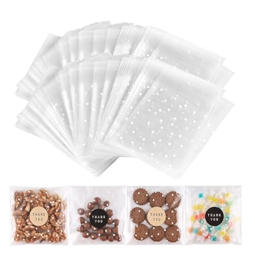 BTSD-home 100 Stück Selbstklebend Zellophantüten Transparent Cellophantüten klein Kekstüten mit 17 Aufklebern für Geburtstag Hochzeit Dankeschön(weiß gepunktet 14x14cm) von BTSD-home