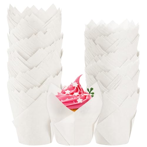 BTSD-home 200 Stück Cupcake Förmchen Tulip Muffinförmchen Papier für Backen Partyferien Hausgemachte Cupcakes und Bäckerei(Weiß 7.87×5.08×8.13 cm) von BTSD-home