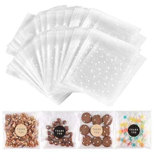BTSD-home 200 Stück Zellophantüten Klein Plastik Cellophantüten Selbstklebend mit 34 Aufklebern für Kekse Süßigkeiten Backwaren(weiß gepunktet 14x14cm) von BTSD-home