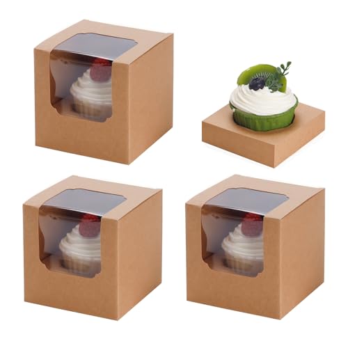 BTSD-home 50 Stück Cupcake Box Einzelne Tortenbox Mit 50 Stück Einsätze Cupcake transportbox für Muffins Hochzeit Party Favors (Braun 8.9 x8.9 x8.9 cm) von BTSD-home