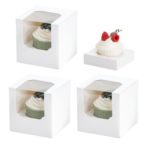 BTSD-home 50 Stück Cupcake Box Einzelne Tortenbox Mit 50 Stück Einsätze Tortenkarton für Cupcakes Muffins Party Favors (weiß 8.9 x8.9 x8.9 cm) von BTSD-home