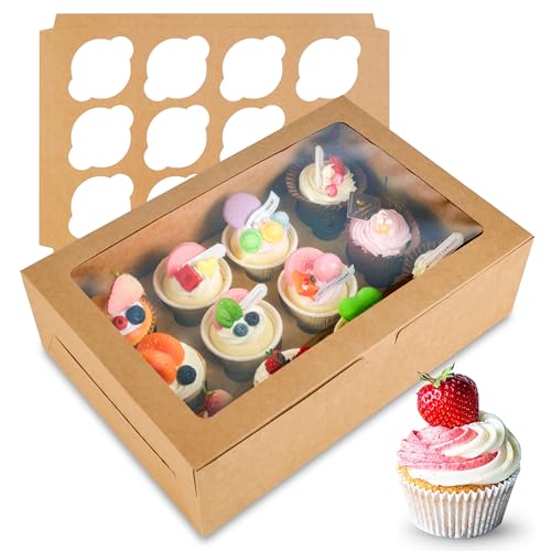 BTSD-home 6 Stück Cupcake Box Muffin Transportbox mit Fenster Cupcake Transportbox für 12 Cupcakes oder Salat Käse mit Band(Braun 35.1x24.1x10.1cm) von BTSD-home