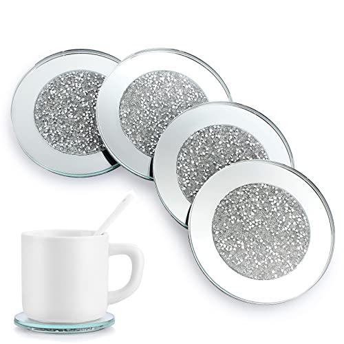 BTSKY 4 Stück Glas verspiegelt mit Crushed Diamonds Untersetzer für Kaffee-/Teetassen, rund von BTSKY