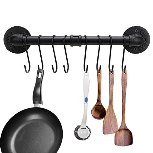 BTSKY 40 cm industrielle Rohr-Pfannen-Topf-Regal mit 8 Haken – Wandmontierte Küchenutensilien, Kochgeschirr-Aufhänger, Organizer, Küchengeschirr-Deckel, Handtuchhalter von BTSKY