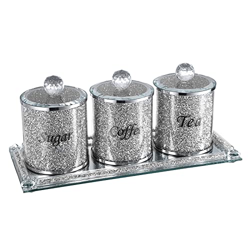 BTSKY 4er Set für Zucker, Kaffee, Tee, Behälter mit Deckel und Tablett – Glas verspiegelt mit zerkleinerten Diamanten, Behälter für Küchentisch, dekorative glitzernde Glasdekoration, Theken-Container von BTSKY