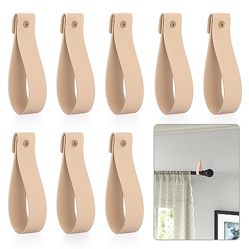 BTSKY 8 Stück PU-Leder-Gardinenstangenhalter Halterung – PU-Leder-Wandhaken Wandbehangband, Schlaufenband für Holzvorhangstange, Beige von BTSKY