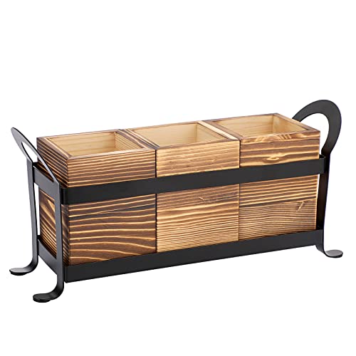 BTSKY Holz-Utensilien-Caddy Besteckhalter mit Metallablage – 3 Fächer, Besteck-Organizer, Utensilien-Topf, Aufbewahrungsbox für Küche, Arbeitsplatte, multifunktionale Holz-Aufbewahrungs-Organizer von BTSKY