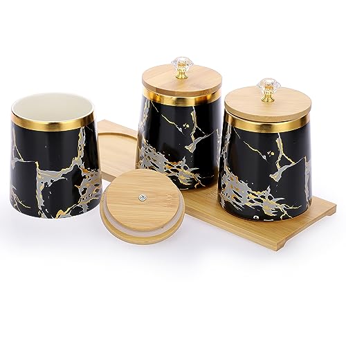 BTSKY Schwarzer Keramikbehälter mit Holzdeckel und Tablett – luftdichte Vorratsdosen für Kaffee, Tee, Zucker, Vorratsdosen mit Holzdeckel und Glasgriff, 3 Stück von BTSKY