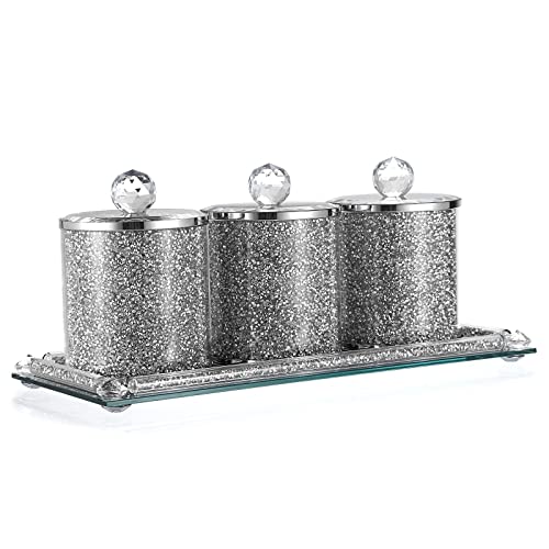 BTSKY Set mit 3 Behältern mit Deckel und 1 Tablett – Glas verspiegelt mit zerkleinerten Diamanten Behälter für Küchentisch, dekorative glitzernde Glasdekoration Theke Container von BTSKY