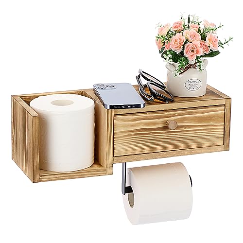 BTSKY Toilettenpapierhalter aus Holz zur Wandmontage mit Ablage und Schublade – Badezimmer-Toilettenpapierrollenhalter mit Aufbewahrungsbox, spülbarer Feuchttücher-Spender, Aufbewahrungshalter, von BTSKY