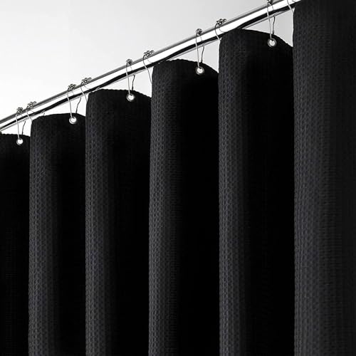 BTTN Duschvorhang Waffel Schwarzer 120x180 cm, Anti-Schimmel Schwere Wasserdichter Stoff Textile Duschvorhang mit 8 Haken, Moderner Waschbar Gewichtet Saum Deko Polyester Duschvorhang für Badewanne von BTTN