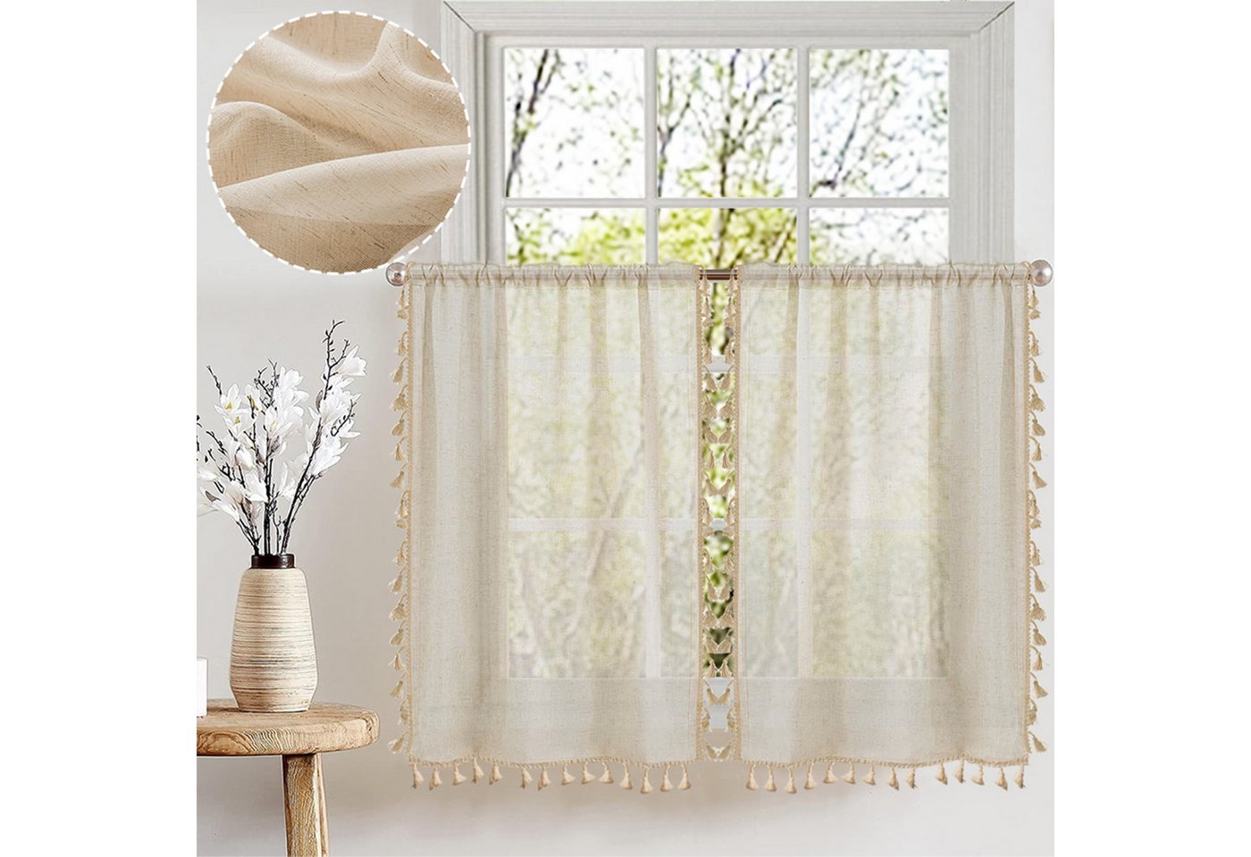 BTTO V&G Gardine Vintage-Quasten Fenstervorhänge Leinen kurze Vorhänge, Gaze-Vorhänge Stangentasche BTTO V&G Gardine Vintage-Quasten Fenstervorhänge Leinen kurze Vorhänge, Gaze-Vorhänge Stangentasche von BTTO V&G