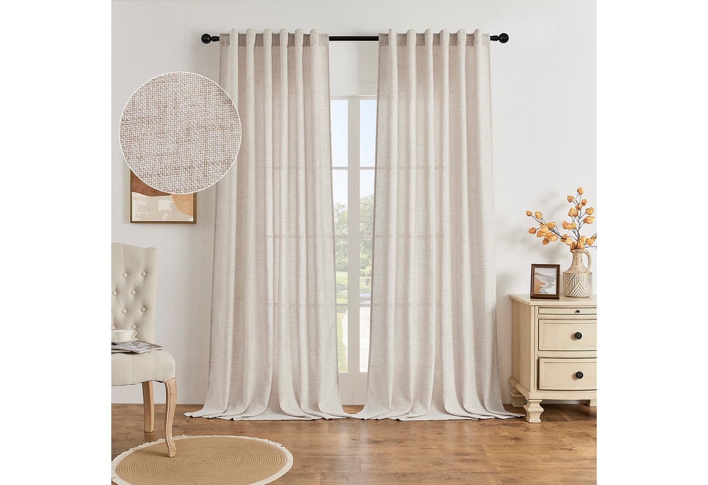 BTTO V&G Gardine Vintage Vorhang Gardine Leinenoptik,2 Stück (2 St), halbtransparent, Stangentasche & Rückseitige Lasche,für Wohnzimmer,Schlafzimmer von BTTO V&G