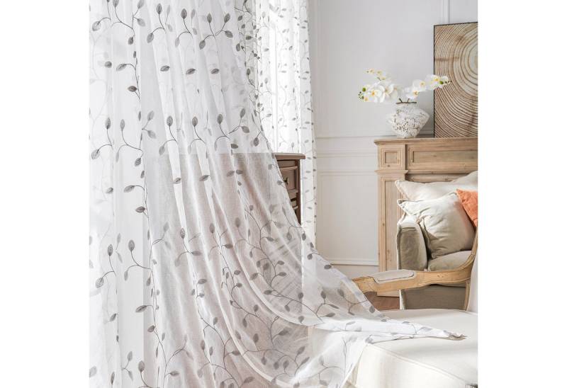 BTTO V&G Gardine Voile Gardine Blättern Stickerei Vorhang 2 Stück, Transparent Volants, Leinen Vorhang Gaze Wohndeko von BTTO V&G