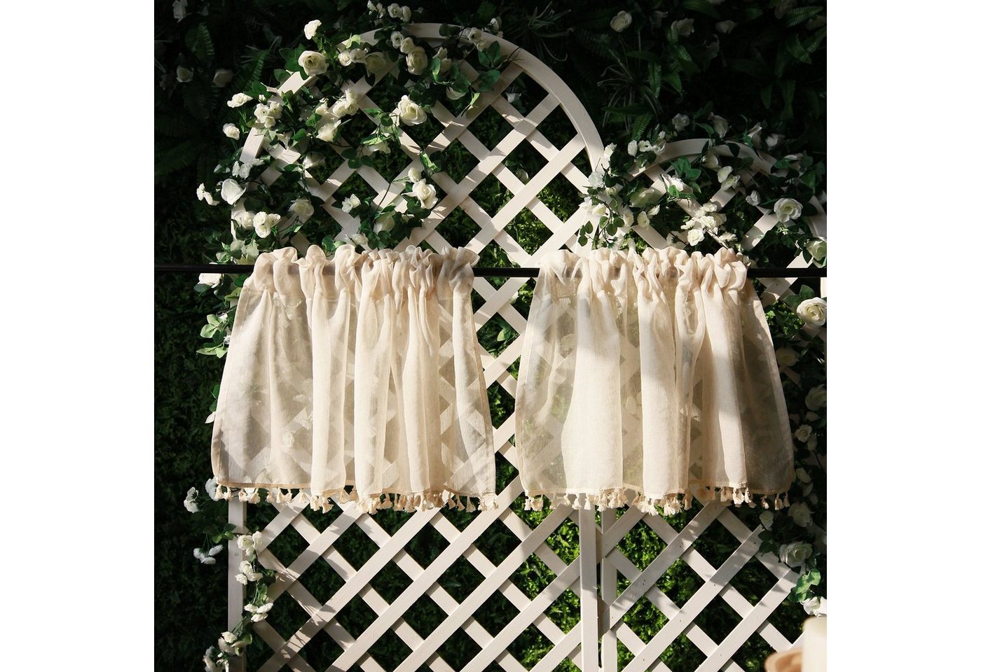BTTO V&G Gardine Voile Gardinen Boho Kurze Vorhänge,Scheibengardine, Stangendurchzug (2 St), halbtransparent, Voile, mit Quasten von BTTO V&G