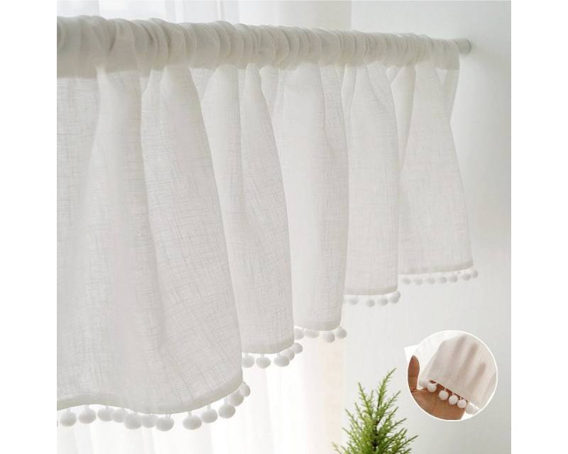 BTTO V&G Scheibengardine Kurzes Vorhang,Kurze Scheibengardinen mit Pompom-Quasten (2 St), halbtransparent, 1/2 Stück von BTTO V&G