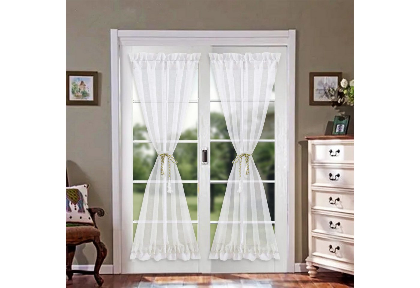 BTTO V&G Türvorhang Türvorhang Weiß/Grau,Französisch Tür Vorhang,Voile Kurze Vorhänge, (2 St), halbtransparent, Kräuselband von BTTO V&G