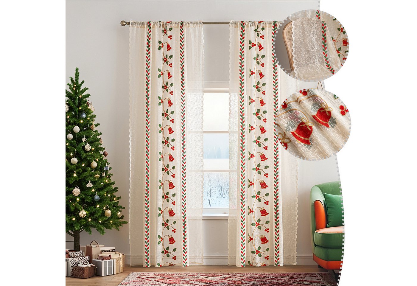 BTTO V&G Vorhang Creme Gaze Vorhang mit Weihnachtsstickerei,Transparenter Gardine (2 St), Stangentasche von BTTO V&G