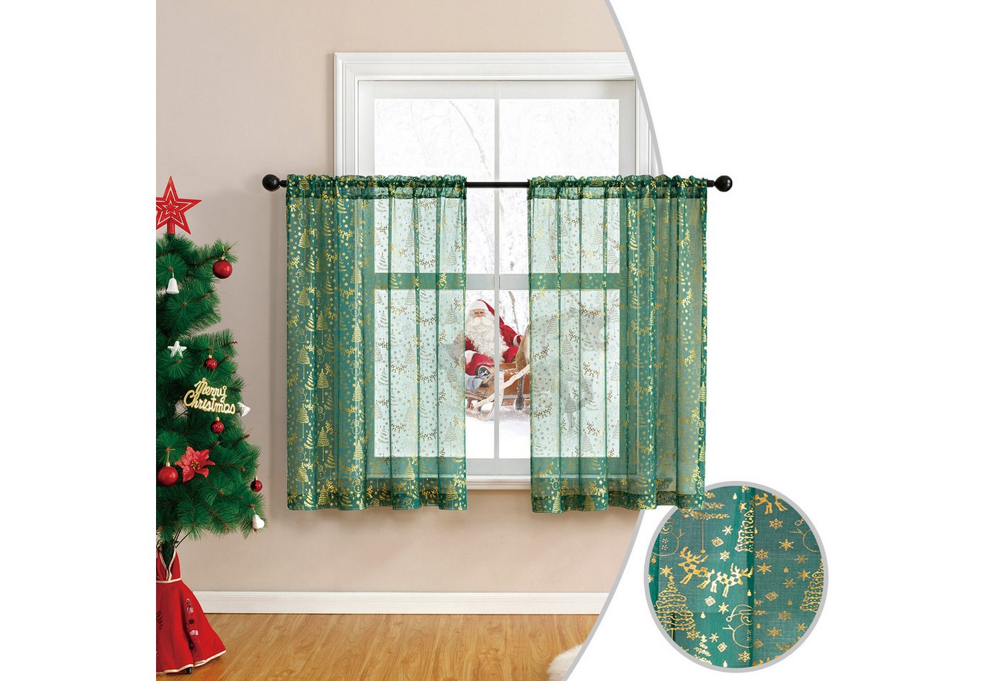 BTTO V&G Vorhang nach Maß Weihnachtsvorhang mit Goldfolie Kurz Gardinen 2 Stück, Dekovorhang kurz für Fenster, Weihnachtsdeko BTTO V&G Vorhang nach Maß Weihnachtsvorhang mit Goldfolie Kurz Gardinen 2 Stück, Dekovorhang kurz für Fenster, Weihnachtsdeko von BTTO V&G