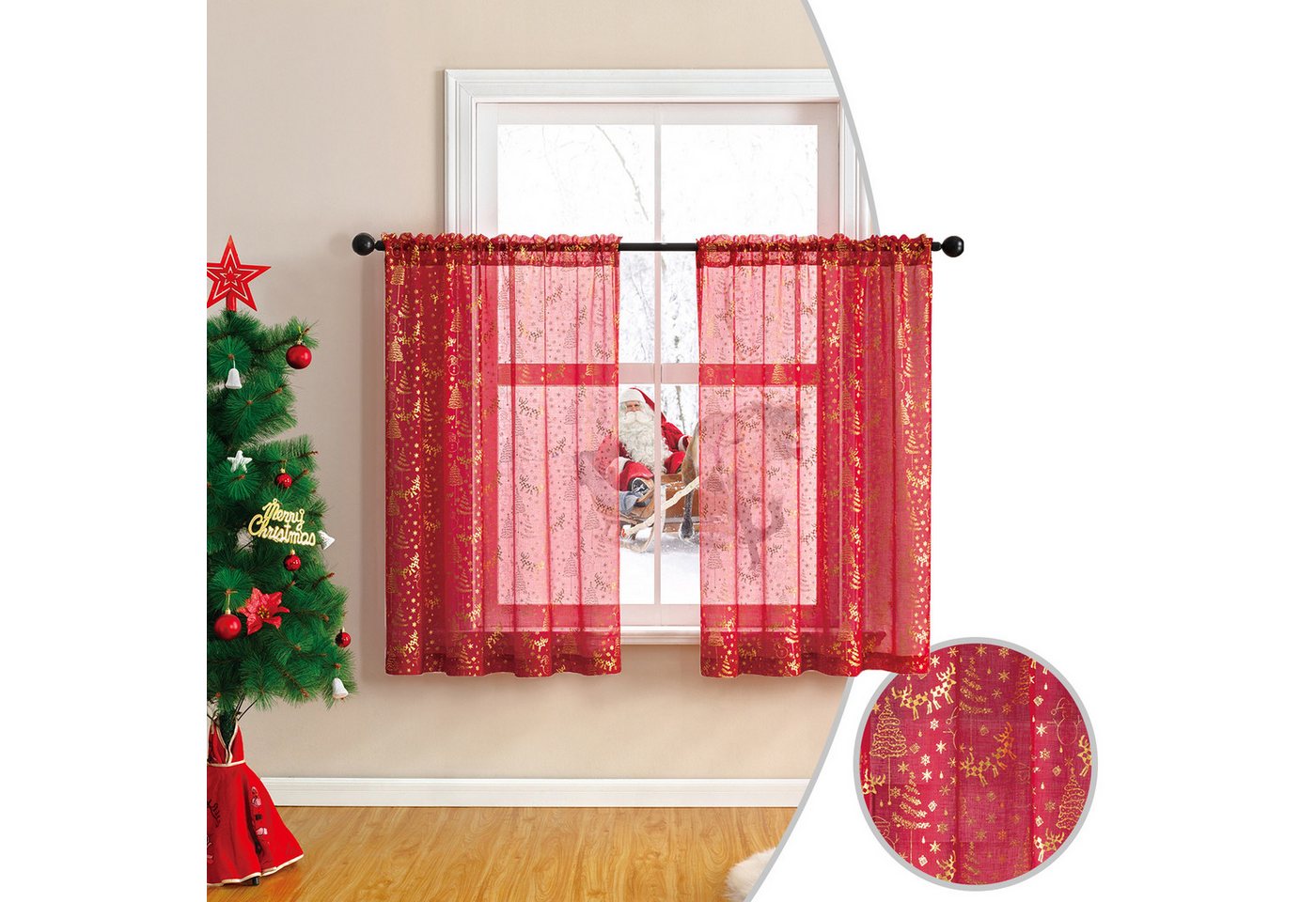 BTTO V&G Vorhang nach Maß Weihnachtsvorhang mit Goldfolie Kurz Gardinen 2 Stück, Dekovorhang kurz für Fenster, Weihnachtsdeko BTTO V&G Vorhang nach Maß Weihnachtsvorhang mit Goldfolie Kurz Gardinen 2 Stück, Dekovorhang kurz für Fenster, Weihnachtsdeko von BTTO V&G