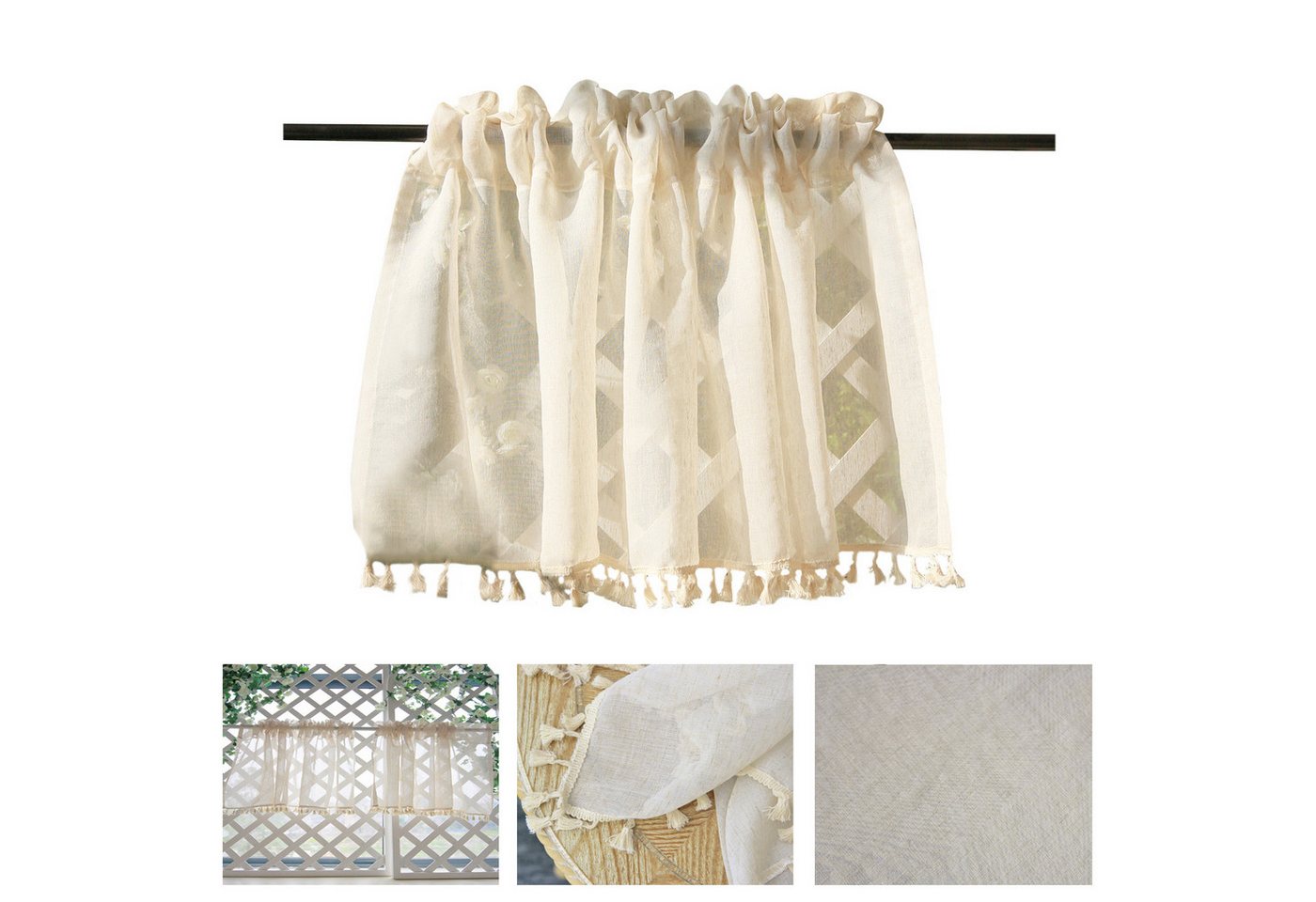 BTTO V&G Scheibengardine Kurze Fenster Gardinen Vorhänge,Bistrogardine,Beige mit Quasten, (1 St), Boho Fransen/W-Muster Spitzenfransen/Doppellagige Spitzenfransen von BTTO V&G