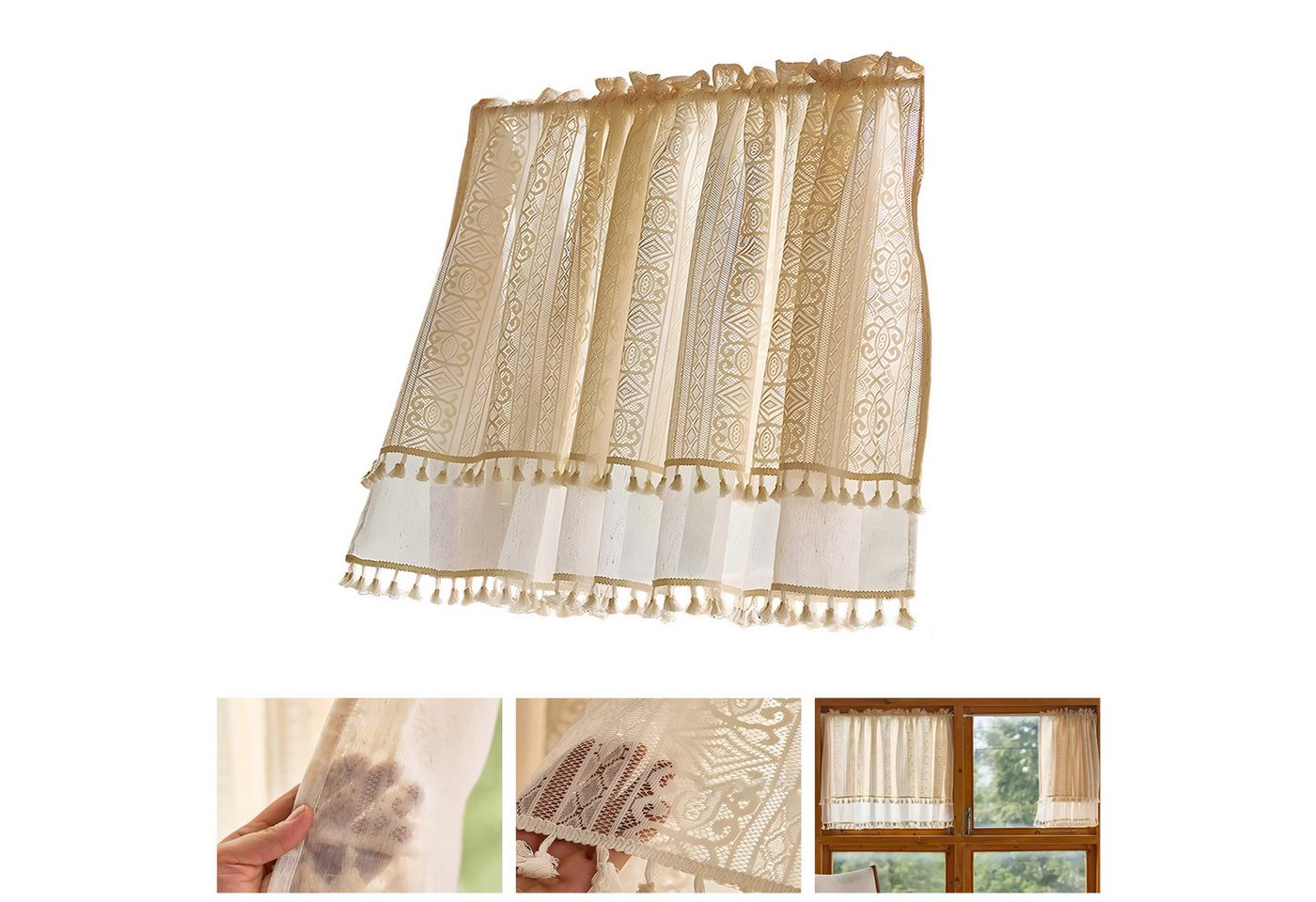 BTTO V&G Scheibengardine Kurze Fenster Gardinen Vorhänge,Bistrogardine,Beige mit Quasten, (1 St), Boho Fransen/W-Muster Spitzenfransen/Doppellagige Spitzenfransen von BTTO V&G