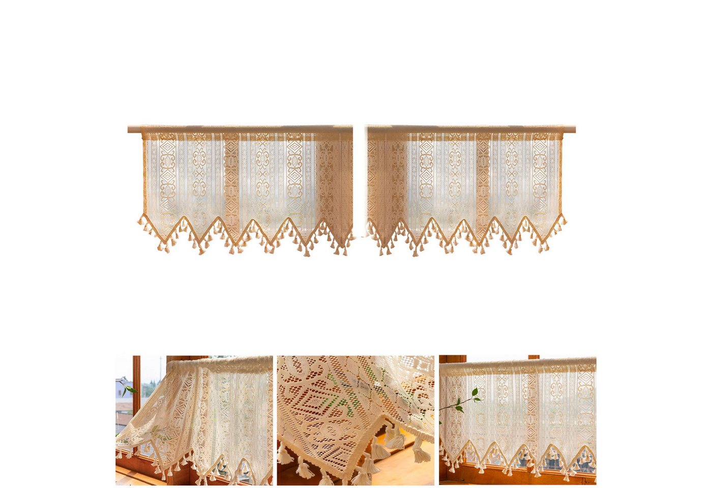 BTTO V&G Scheibengardine Kurze Fenster Gardinen Vorhänge,Bistrogardine,Beige mit Quasten, (2 St), Boho Fransen/W-Muster Spitzenfransen/Doppellagige Spitzenfransen von BTTO V&G