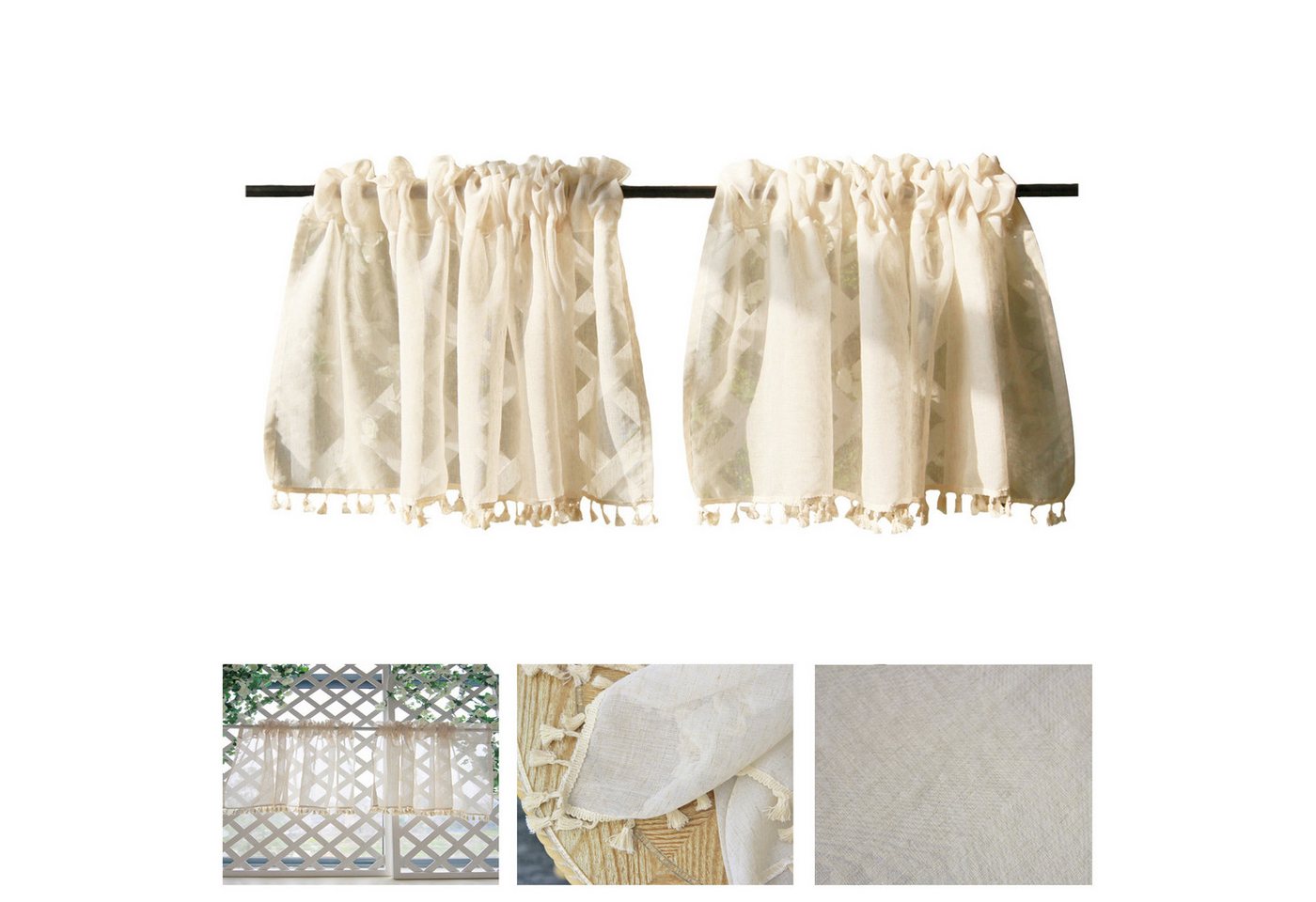 BTTO V&G Scheibengardine Kurze Fenster Gardinen Vorhänge,Bistrogardine,Beige mit Quasten, (2 St), Boho Fransen/W-Muster Spitzenfransen/Doppellagige Spitzenfransen von BTTO V&G