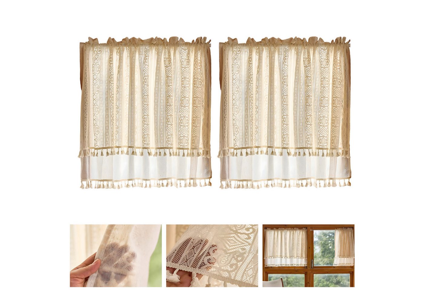 BTTO V&G Scheibengardine Kurze Fenster Gardinen Vorhänge,Bistrogardine,Beige mit Quasten, (2 St), Boho Fransen/W-Muster Spitzenfransen/Doppellagige Spitzenfransen von BTTO V&G