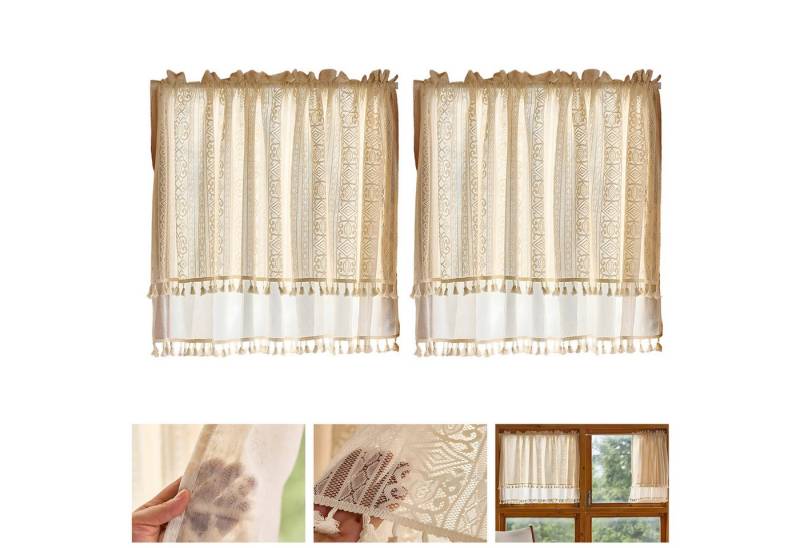 BTTO V&G Scheibengardine Kurze Fenster Gardinen Vorhänge,Bistrogardine,Beige mit Quasten, (2 St), Boho Fransen/W-Muster Spitzenfransen/Doppellagige Spitzenfransen von BTTO V&G