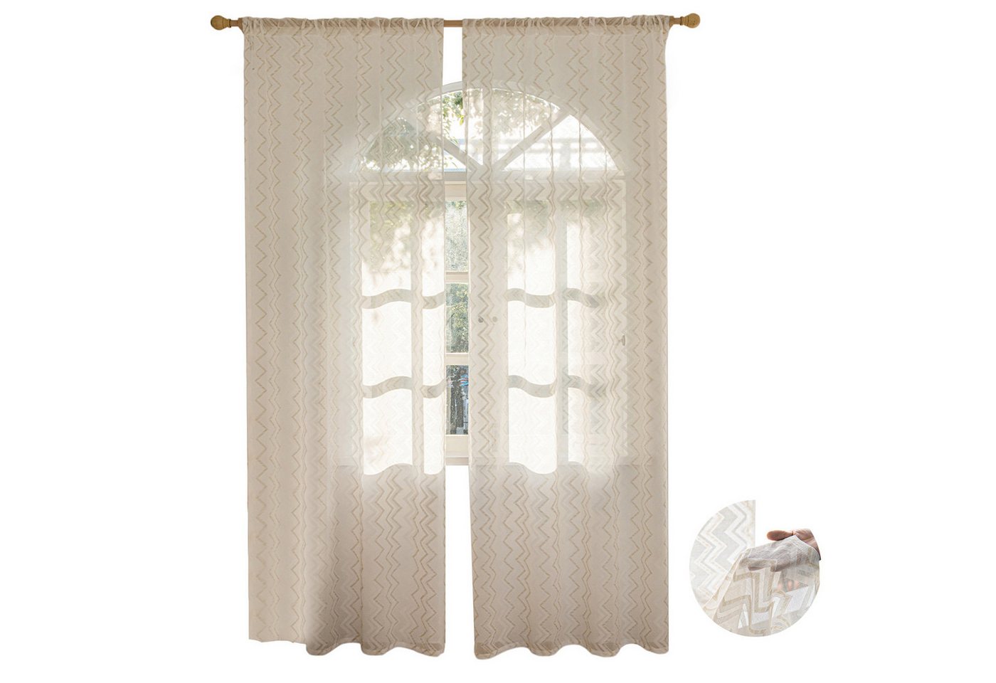 BTTO V&G Schiebegardine Voile Gardinen 1/2St, Halbtransparent Vorhänge, Multifunktionsband (2 St), Leinen Fertiggardinen W-Geometrie Muster von BTTO V&G