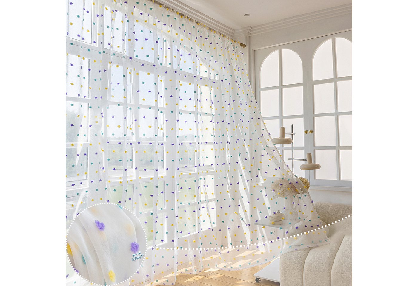 BTTO V&G Schiebegardine Weiß Gardine mit Farbige Pompons,Voile-Vorhänge, Stangentasche (1 St), Halftransparent von BTTO V&G