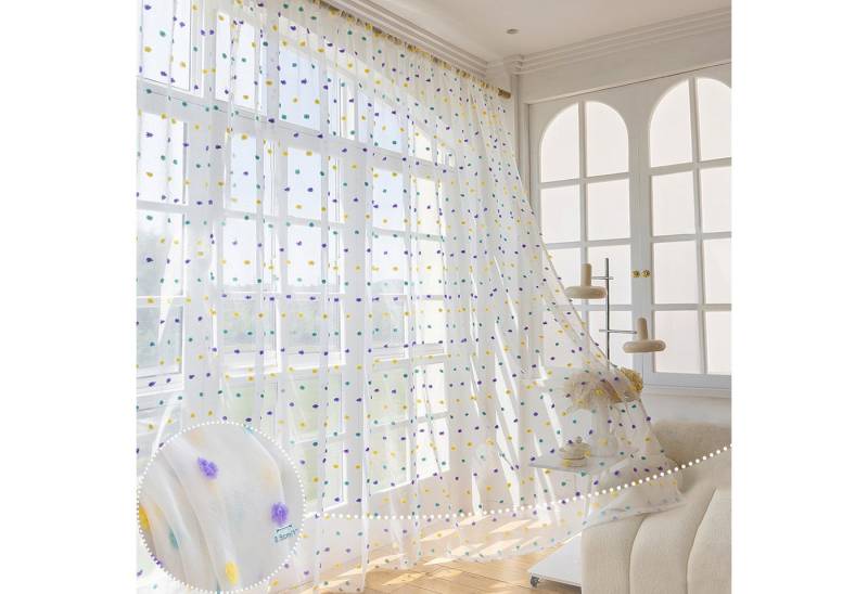 BTTO V&G Schiebegardine Weiß Gardine mit Farbige Pompons,Voile-Vorhänge, Stangentasche (1 St), Halftransparent von BTTO V&G