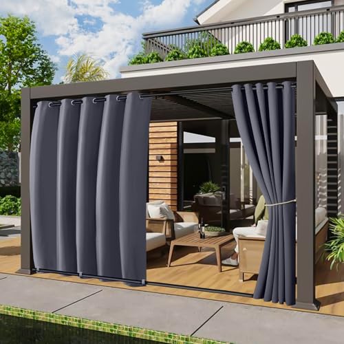 2er Set Outdoor Vorhang Wetterfest, Breit B180xH213cm Windschutz Outdoorvorhänge mit ösen Oben und Zugring unten, Große Größe Outdoor Gardinen Sonnenschutz für Balkon Pergola Terrasse (Dunkelgrau) von BTTO