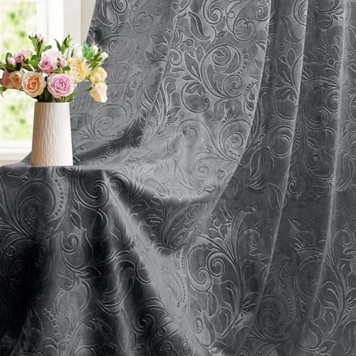 BTTO Samtvorhang Kräuselband 2er Set, Luxus Samt Verdunklungsvorhänge mit Blumenprägung Muster, Blickdicht Gardinen für Schienen, Vielseitig für Wohnzimmer, Schlafzimmer(B132xH305CM, Grau) von BTTO