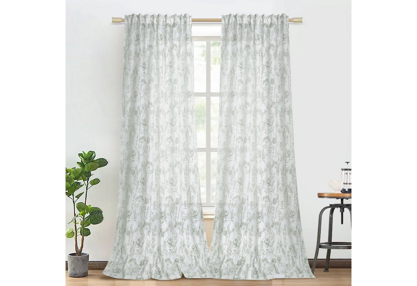 BTTO Gardine Fertiggardinen,Bedruckt,Multifunktionsband,Halbtransparent 2 Stück, Vorhang,(HXB)160X132,213X132,244X132cm,Brokat-Baumwollstoff von BTTO