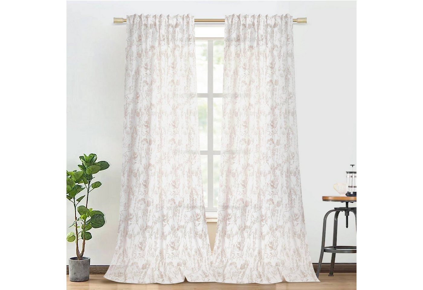 BTTO Gardine Fertiggardinen,Bedruckt,Multifunktionsband,Halbtransparent 2 Stück, Vorhang,(HXB)160X132,213X132,244X132cm,Brokat-Baumwollstoff von BTTO