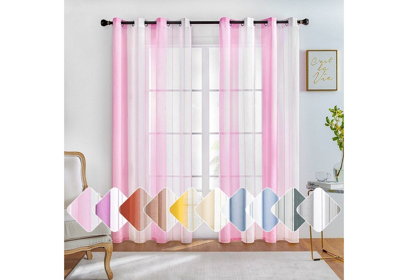 BTTO Gardine Voile Gardinen, (2 St), halbtransparent, Gestreifte Vorhänge von BTTO