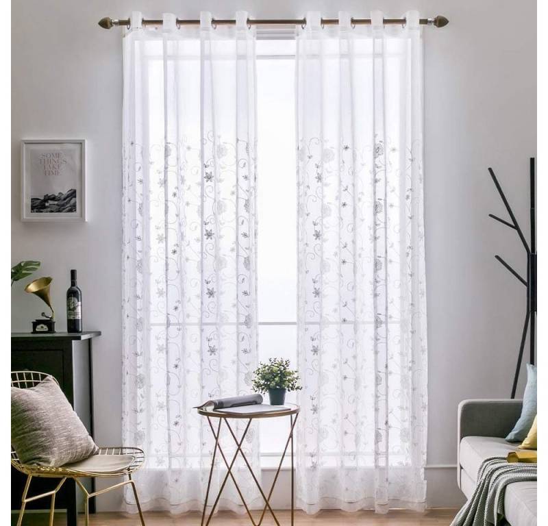 BTTO Gardine Voile Gardinen Boho Vorhänge, Ösen (2 St), halbtransparent, Voile, Blumen Stickerei von BTTO