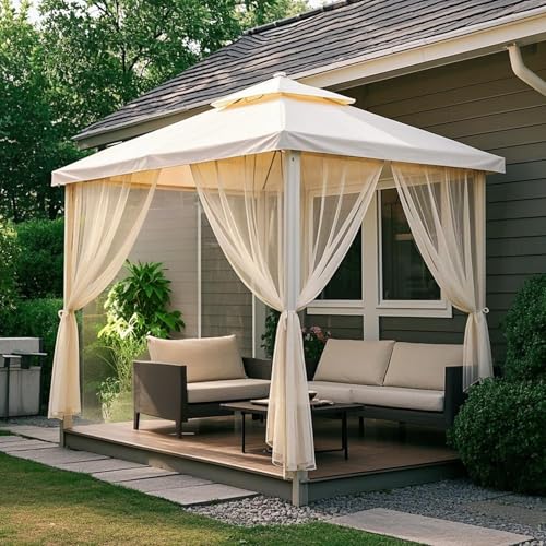Outdoor Vorhang, Leichter DIY Vorhänge mit Abnehmbaren, H 305 x B 160 cm Beige Transparent Outdoor Gardinen für Pavillon Garten & Balkon (2er Pack) von BTTO
