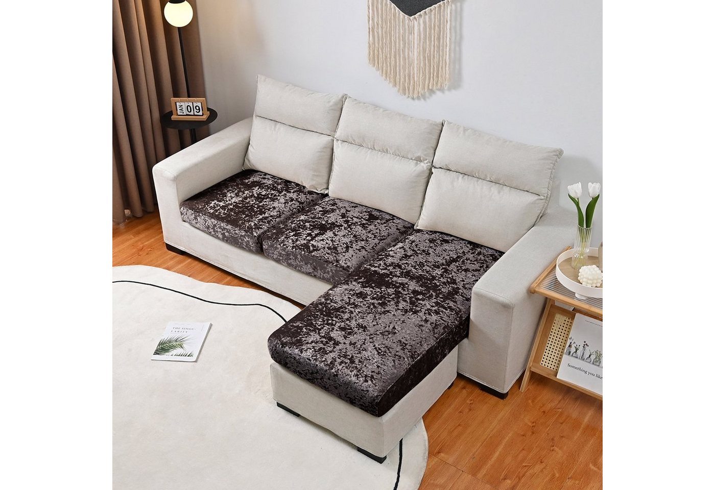 BTTO Sofahusse Samt-Sitzkissenbezug für 1-, 2-, 3-, 4-Sitzer, 8 Farben, Elastic Stretch Sofasitzbezug mit Elastischer Unterseite von BTTO
