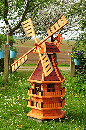 Windmühle 140 cm, XXL-Designer-Mühle Windmühle einstöckig Klassik MIT Balkon-Rand Holz Fenster, XL Gartenwindmühle WMB-RA140-ro-MS, ROT voll funktionstüchtig,schöne Details, Fensterkreuz Deko-Windmüh von BTV Batovi