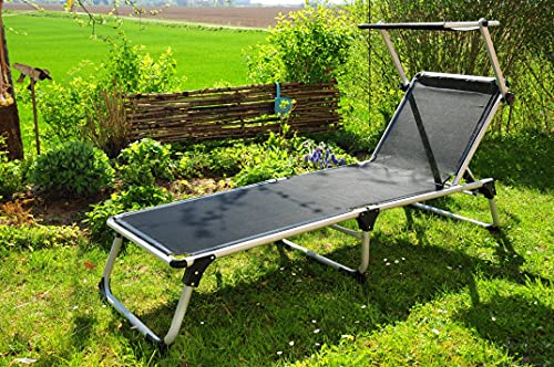 Premium-Gartenliege mit Sonnendach, klappbare Sonnenliege - extrem wetterfest, tragbar, Strandliege, hochwertig bequem und stabil, große Liegefläche ca. 195 x 62 cm, Textilene-Aluminium, Alu mit Sonnenschutzdach, Dreibeinliege faltbar, verstellbare Klappliege, anthrazit-metallic silber, Strandliegen, Sonnenliegen, Liegestühle, Gartenstühle, Picknickliegen, Gartenmöbel Holz, Feldbetten von BTV Haus & Garten