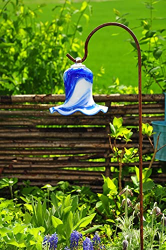 17 cm Gross Gartenkugel Tulpe Tropfen, Blume mit Hakenhalter Schäferstab Winterfest & ROBUST Glas-Dekoration Blüte Gartentulpe Glocke Rosenkugel in Tulpenform und dunkelblau-weiß farblichem Design, von BTV