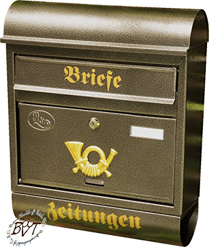 BTV Briefkasten, Premium-Qualität, verzinkt, pulverbeschichtet Runddach R/m edel Messing-Optik Farbe: Gold Farbe: goldfarben Zeitungsfach Zeitungsrolle Postkasten von BTV