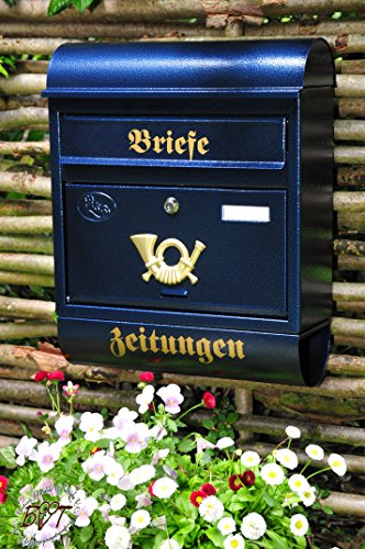 BTV Briefkasten, groß XXL, Premium-Qualität, lackiert, Hammerschlag-Optik Runddach R/bl blau edelblau dunkelblau Metall Zeitungsfach Zeitungsrolle Postkasten von BTV
