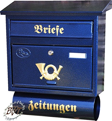 BTV Briefkasten, mit Rostschutz FG/bl groß in blau edelblau dunkelblau Zeitungsfach Zeitungen Post antik Mailbox Schild von BTV