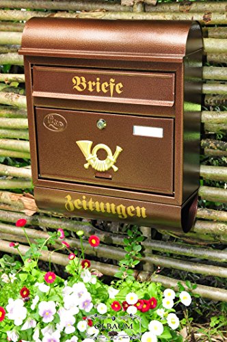 BTV Großer XXL Briefkasten Runddach Kupfer kupferfarben braun + Zeitungsfach Zeitungsrolle Postkasten R/c von BTV