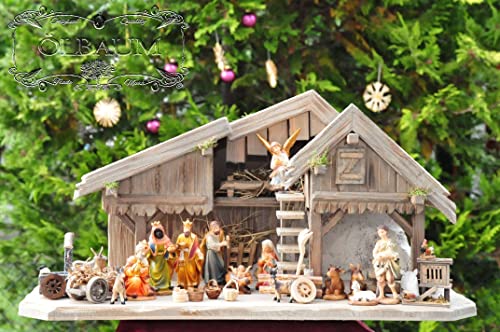 Krippe Holz-Weihnachtskrippe, antik-gebeizt mit XXL-DEKO-SET+ Premium-Krippenfiguren, mit GRANITBRUNNEN "Wassergrand" + PREMIUM-DEKOSET von BTV